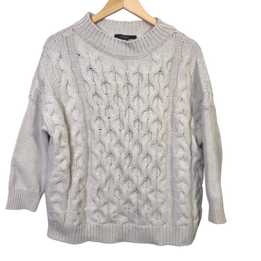 Max Mara Weekend Women Cable Knit Sweater Small Chunky Mock Neck Beige 100% Wool